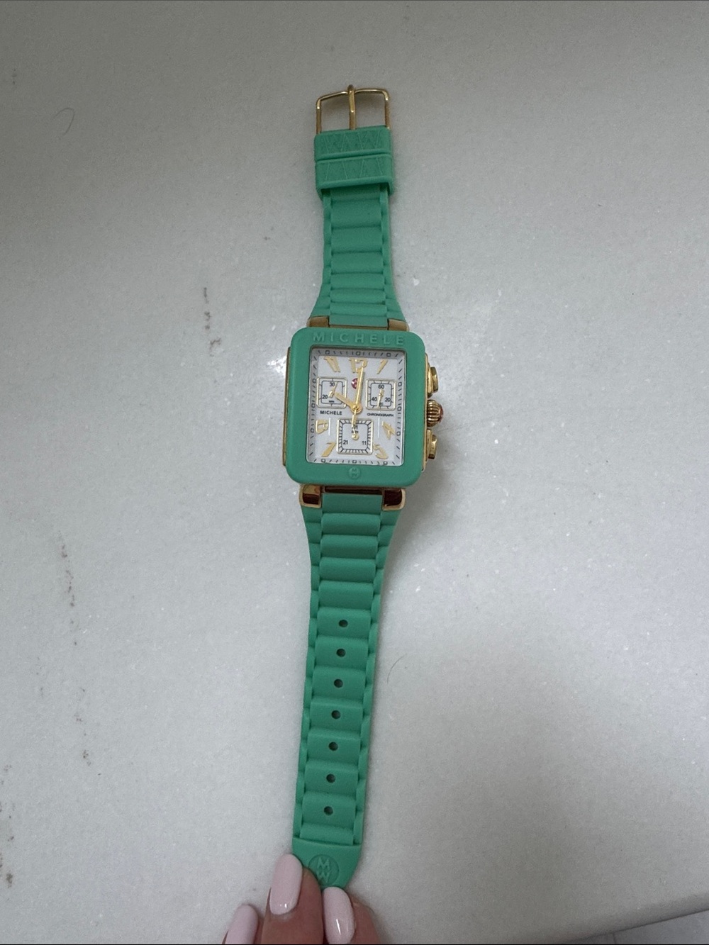 Michele Mint Green Silicone Strap Square Chronograph Watch with Gold Accents